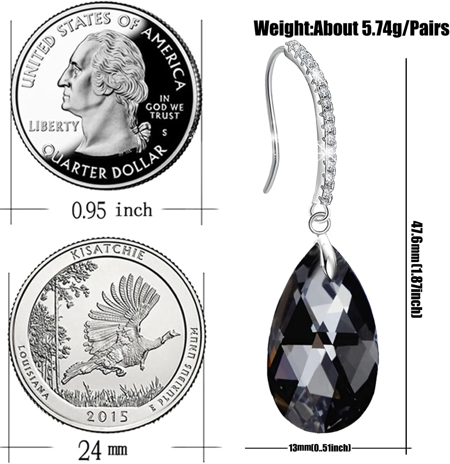 12 Colors Big Austrian Crystal Teardrop Zircon Fish Hook Dangle Earrings for Women 18K White Gold Plated Hypoallergenic Jewelry Gifts For Christmas Mothers Day