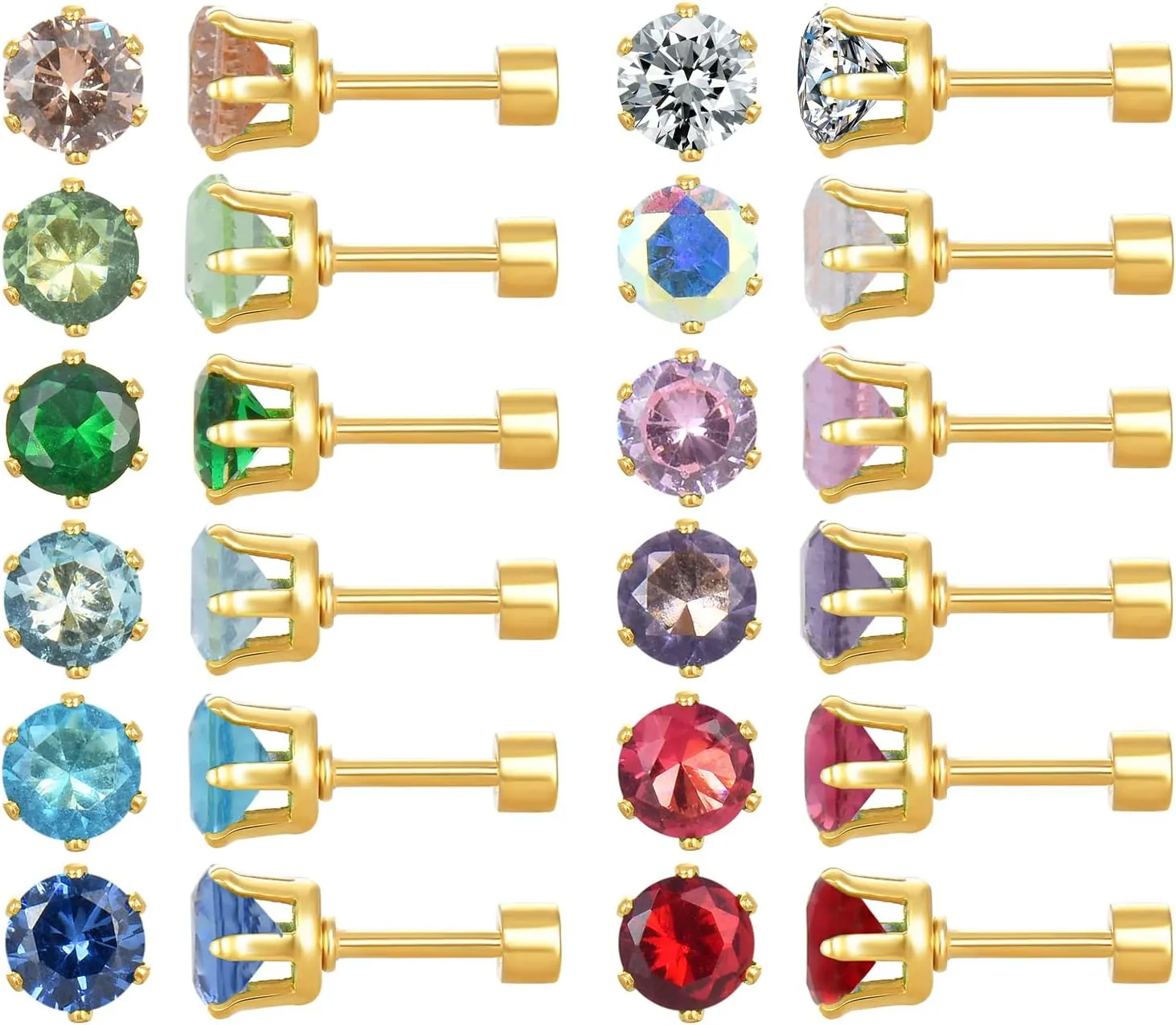 12 Pairs 18K Gold Plated Surgical Stainless Steel Stud Earrings, Flat Back Screw Back Cubic Zirconia Stud Earrings for Women, Silver CZ Brithstone Stud Earrings Set