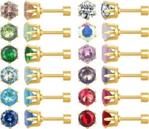 12 Pairs 18K Gold Plated Surgical Stainless Steel Stud Earrings, Flat Back Screw Back Cubic Zirconia Stud Earrings for Women, Silver CZ Brithstone Stud Earrings Set