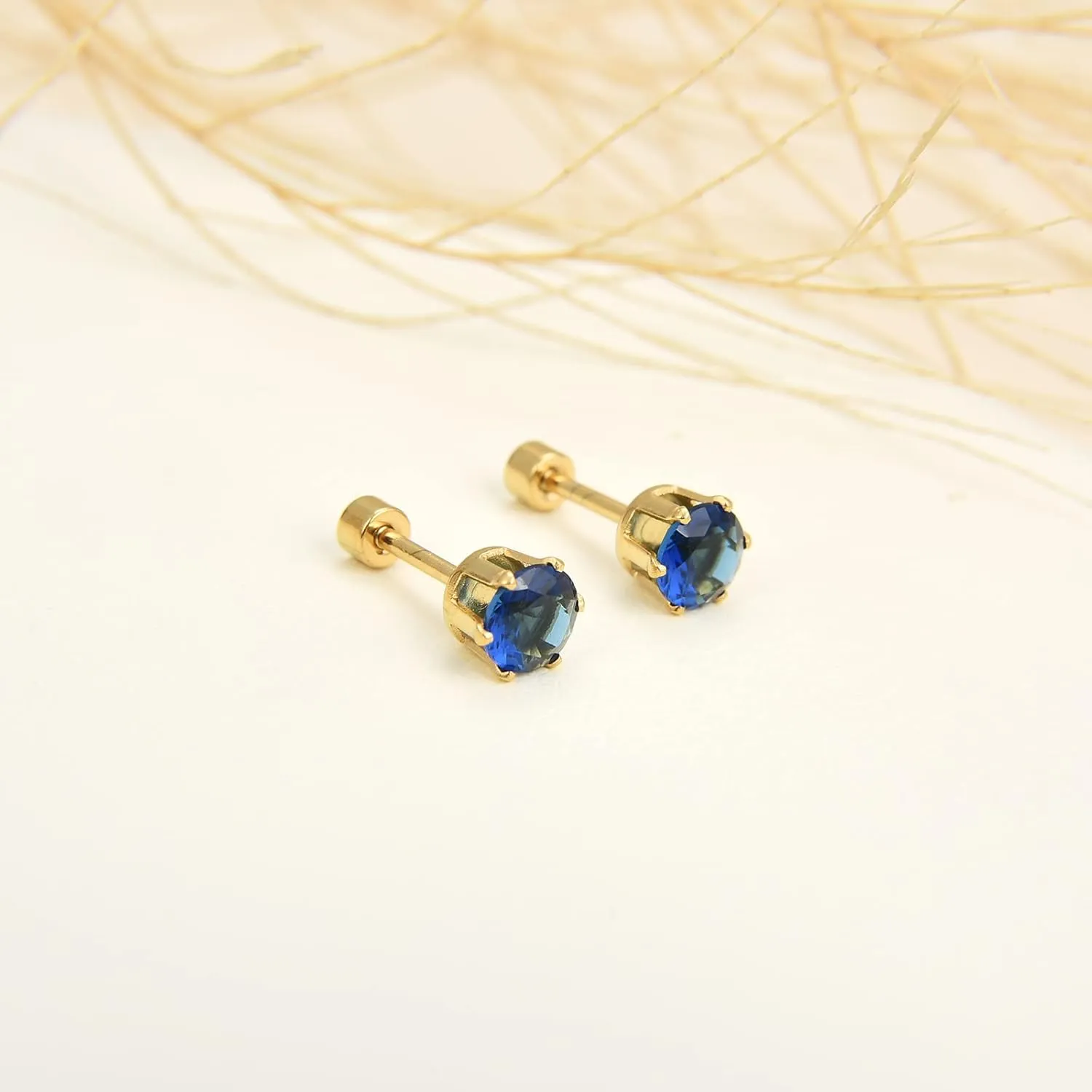 12 Pairs 18K Gold Plated Surgical Stainless Steel Stud Earrings, Flat Back Screw Back Cubic Zirconia Stud Earrings for Women, Silver CZ Brithstone Stud Earrings Set