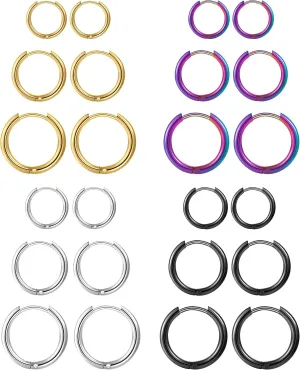 12Pairs Unisex Surgical Stainless Steel Small Hoop Earrings Set for Cartilage Helix 2nd 3rd Hole Piercing Hypoallergenic