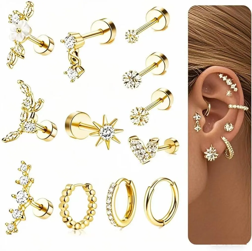 12PCS Sterling Silver Hypoallergenic Earrings Set for Multiple Piercing Dainty 14K Gold Plated Stud Huggie Small Hoop Earrings for Women Flatback Stud Hoop Cartilage Earring Set
