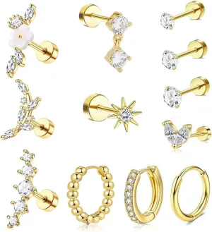 12PCS Sterling Silver Hypoallergenic Earrings Set for Multiple Piercing Dainty 14K Gold Plated Stud Huggie Small Hoop Earrings for Women Flatback Stud Hoop Cartilage Earring Set