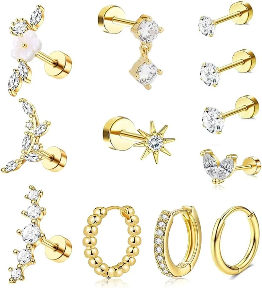 12PCS Sterling Silver Hypoallergenic Earrings Set for Multiple Piercing Dainty 14K Gold Plated Stud Huggie Small Hoop Earrings for Women Flatback Stud Hoop Cartilage Earring Set