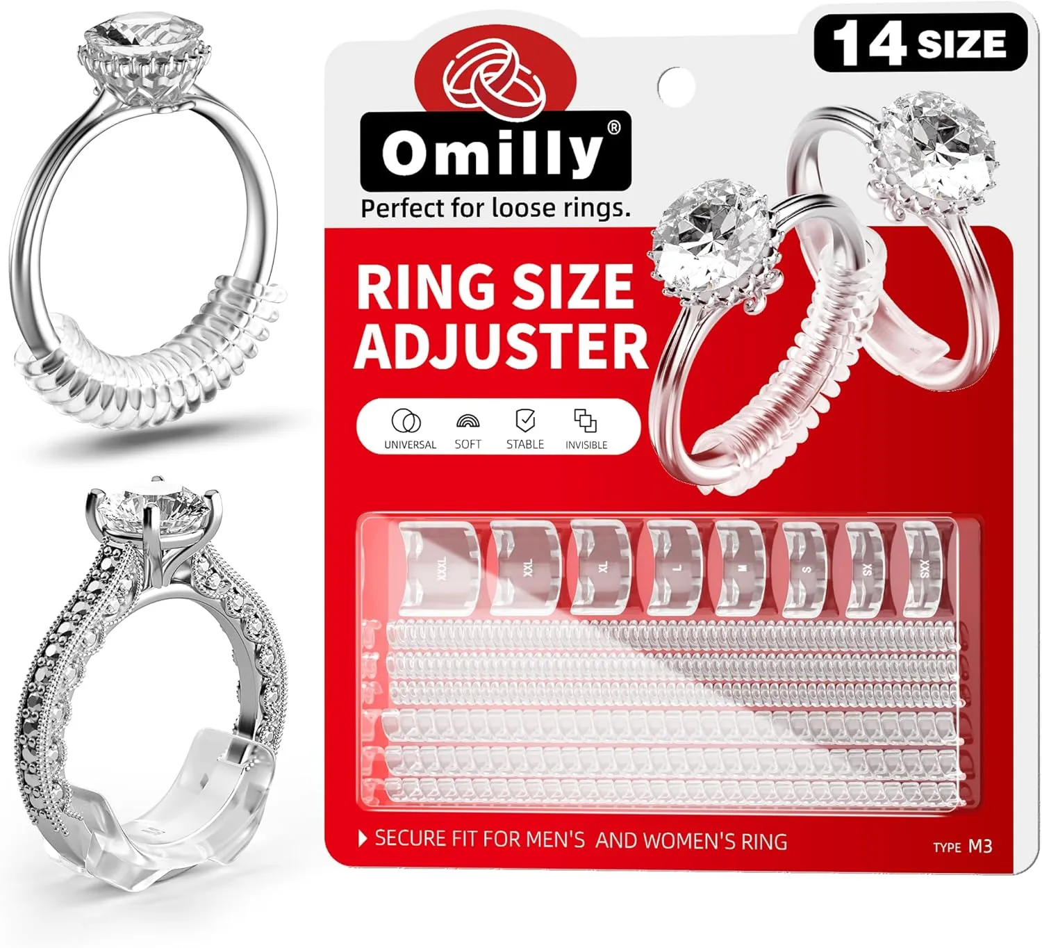 14 Sizes Ring Sizer Adjuster for Loose Rings,Omilly Silicone Ring Guards Invisible Ring Spacers Fitter, Transparent Ring Resizer Tightener for Women and Men