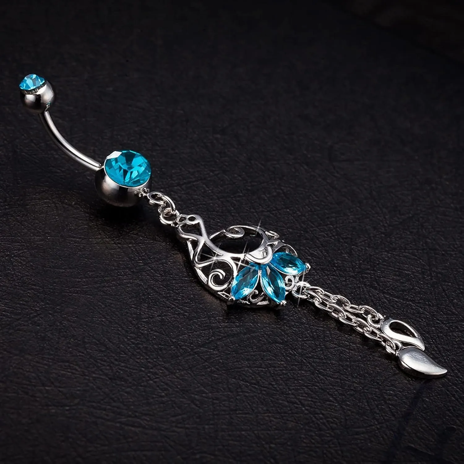 14G Belly Button Rings, Belly Button Rings Dangling 316L Surgical Steel Belly Button Rings Cubic Zirconia Long Flower with Tassel Belly Button Piercing Jewelry
