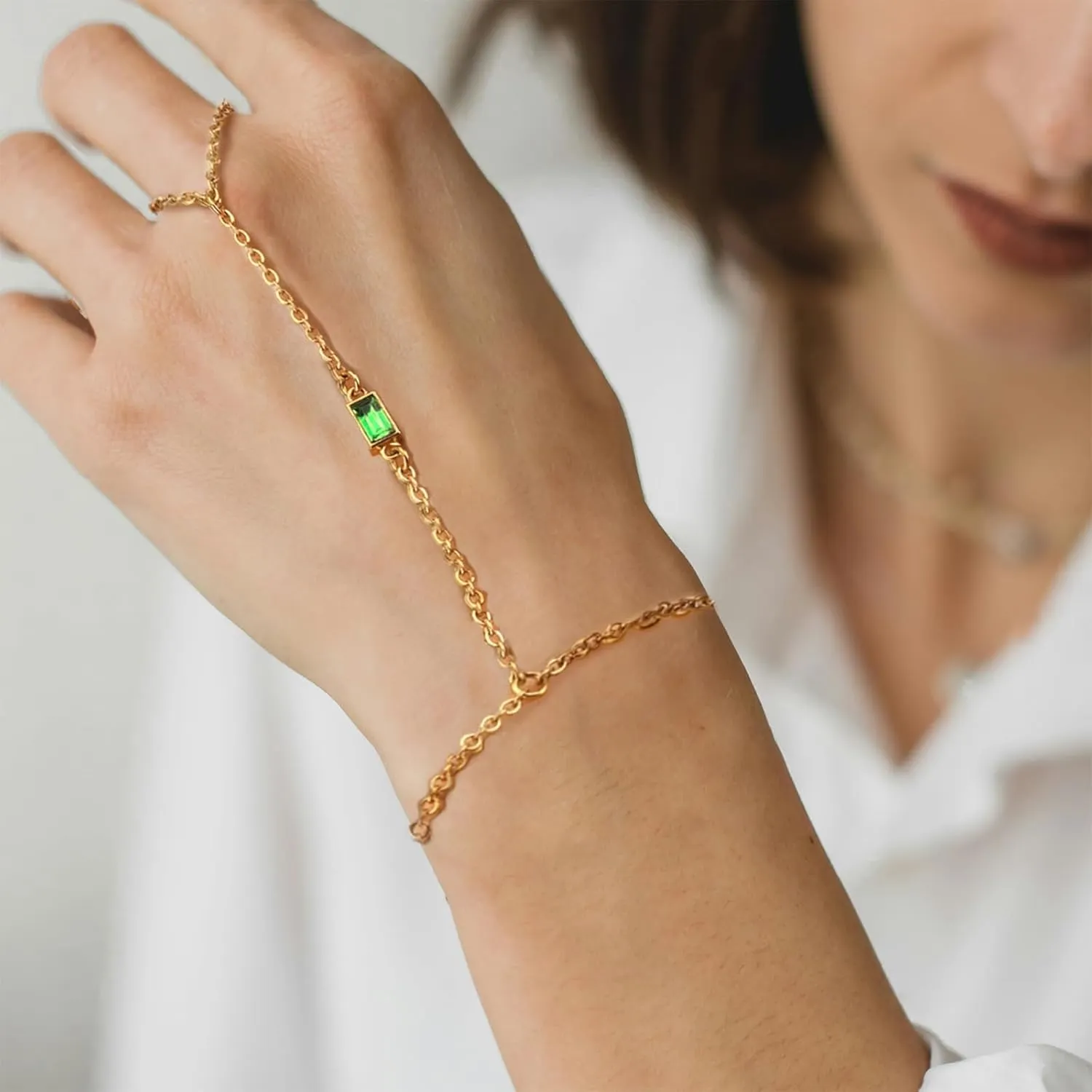 14K Gold Hand Chain Bracelet for Women, Birthstone Ring Bracelet Hand ChainTrendy Dainty Non Tarnish Jewelry Birthday Gift for Women