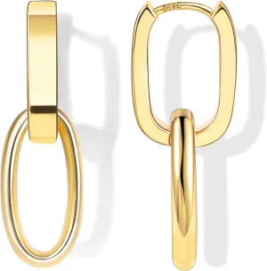 14K Gold Plated 925 Sterling Silver Dangle Earrings For Women Drop Earrings Small Sterling Silver Earrings Square Huggie Paperclip Dangly Hoop Silver Hoops Earrings Jewelry
