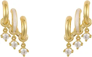 14K Gold Plated Triple Huggie Stud EarringsDouble Huggie Hoop Earrings for One HoleFang Jinghao Stone Earrings