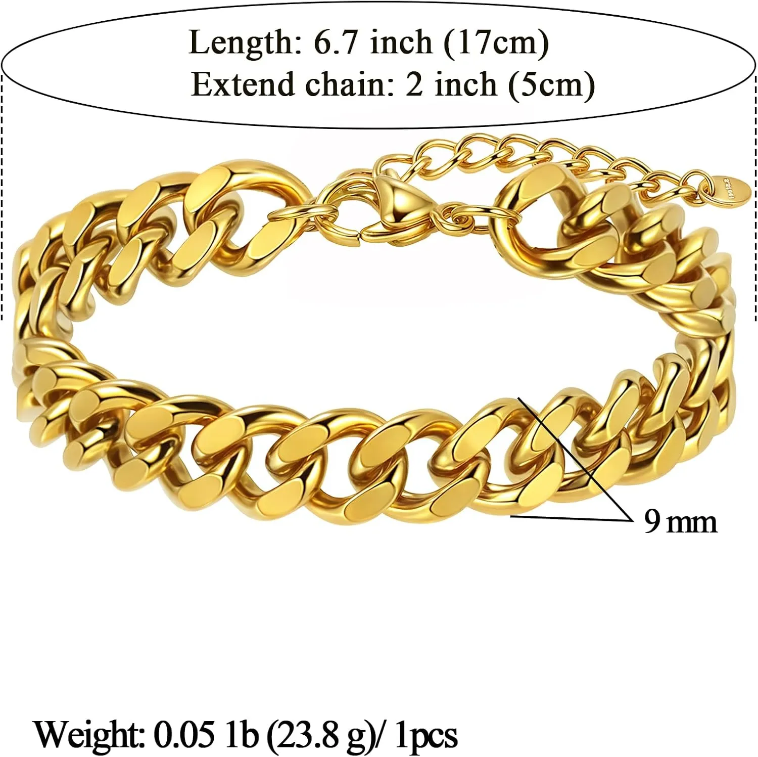 14K Gold/Silver 316L Waterproof Stainless Steel Bracelet For Men, Cuban Chain, W:9mm, L:6.7" 2, Hypoallergenic Jewelry Anniversary Birthday Gifts Friends