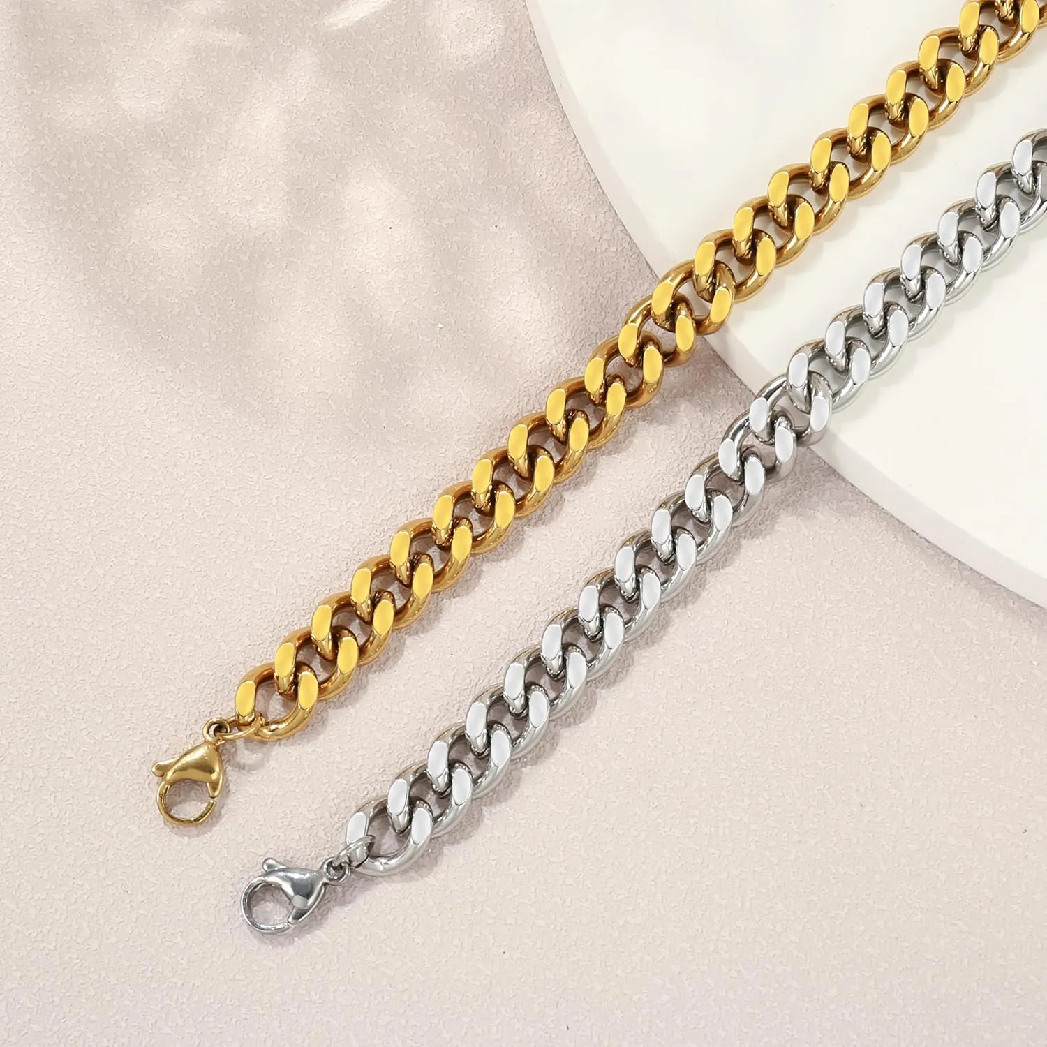 14K Gold/Silver 316L Waterproof Stainless Steel Bracelet For Men, Cuban Chain, W:9mm, L:6.7" 2, Hypoallergenic Jewelry Anniversary Birthday Gifts Friends