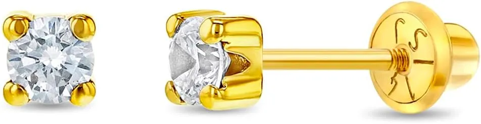 14k Yellow Gold Clear 2,3,5mm Cubic Zirconia Prong Set Screw Back Earrings for Girls - Cute Baby Stud Earrings for Infants & Toddlers - Simulated Birthstone CZ Earrings for Little Girls