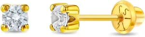 14k Yellow Gold Clear 2,3,5mm Cubic Zirconia Prong Set Screw Back Earrings for Girls - Cute Baby Stud Earrings for Infants & Toddlers - Simulated Birthstone CZ Earrings for Little Girls