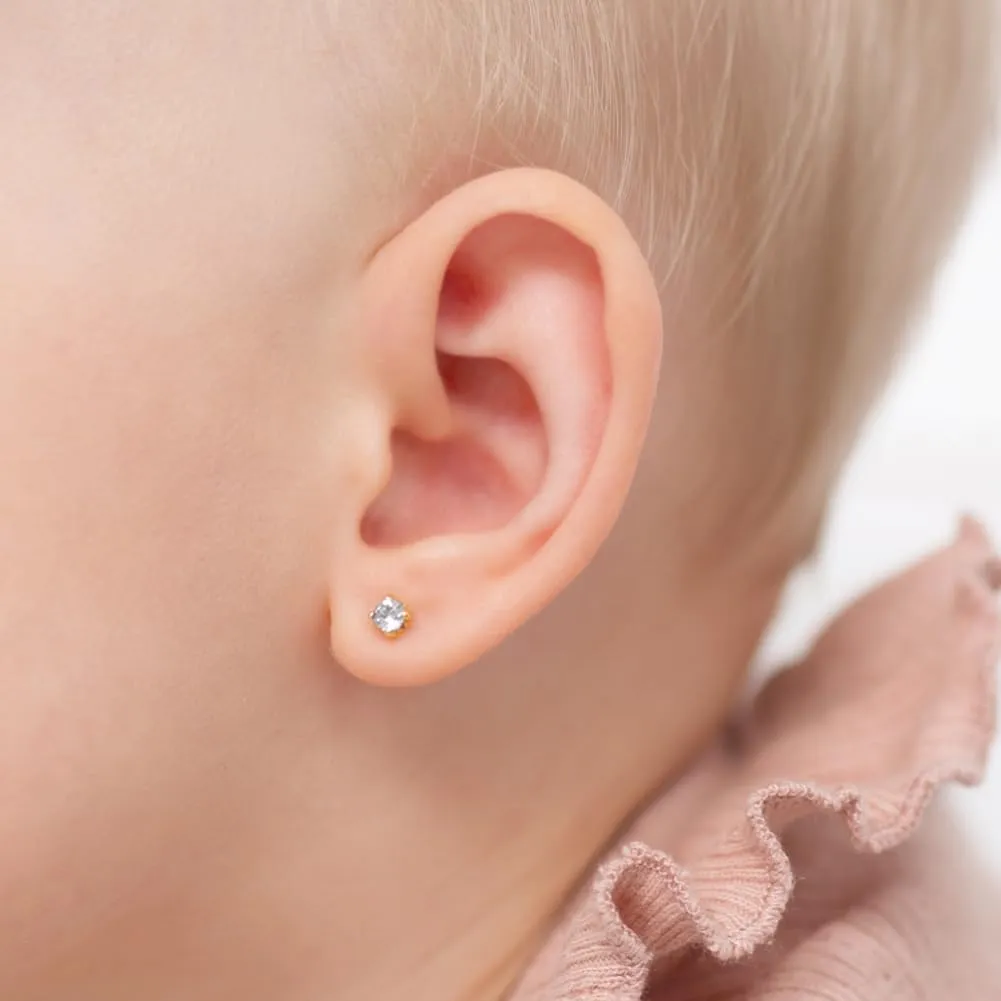 14k Yellow Gold Clear 2,3,5mm Cubic Zirconia Prong Set Screw Back Earrings for Girls - Cute Baby Stud Earrings for Infants & Toddlers - Simulated Birthstone CZ Earrings for Little Girls