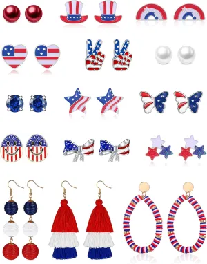15 Pairs 4th of July Stud Earrings Set for Teens Girls Cute American Flag Star Earrings Patriotic Drop Dangle Earrings for Teen Hypoallergenic Independence Day Earrings Jewelry Accessories Gifts