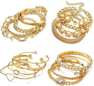 15 Pcs 14K Plated Gold Bracelets Set for Women, Multiple Layered Stackable Open Cuff Bangle, Adjustable Cuban Link Chain Tennis Bracelet Pack, Dainty Classic Aesthetic Jewelry