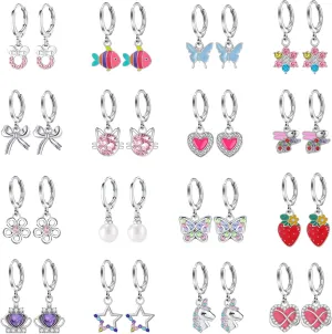 16 Pairs Hypoallergenic Earrings for Little Girls Kids Teens Sensitive Ears Silver Huggie Hoop Earrings with Charm CZ Heart Flower Butterfly Animal Cute Small Dangle Hoop Earrings Set