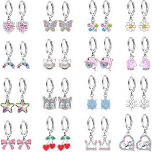 16 Pairs Hypoallergenic Earrings for Little Girls Teens Kids Silver Huggie Hoop Earrings with Charm CZ Flower Butterfly Animal Bow Cute Small Dangle Hoop Earrings Set for Sensitive Ears