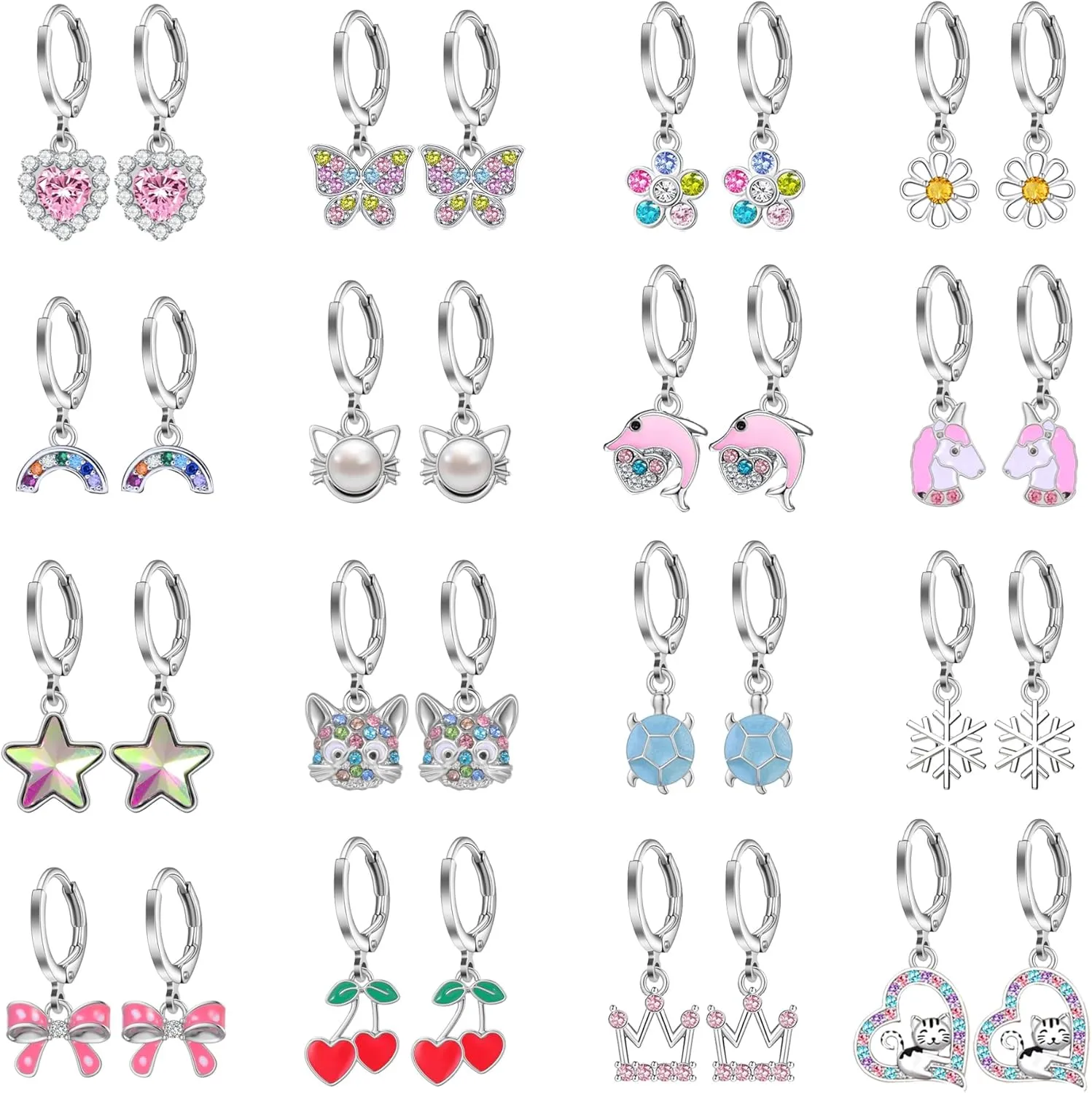 16 Pairs Hypoallergenic Earrings for Little Girls Teens Kids Silver Huggie Hoop Earrings with Charm CZ Flower Butterfly Animal Bow Cute Small Dangle Hoop Earrings Set for Sensitive Ears