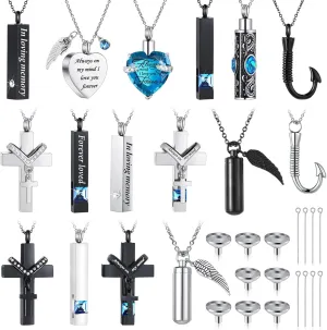 16 Pcs Urn Necklace for Ashes Waterproof Stainless Steel Carved Ashes Locket with 8 Filling Kit Heart Cylinder Cross Cubic Fish Hook Jewelry for Ashes with Wing Diamond for Men Women