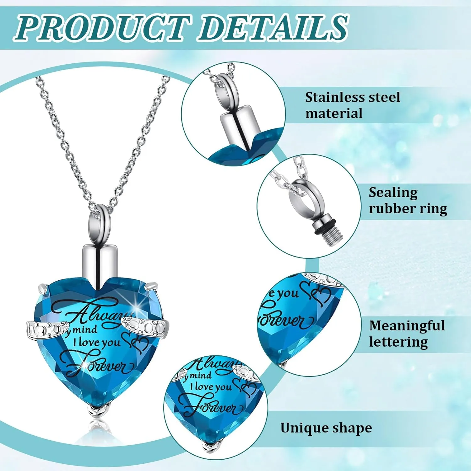 16 Pcs Urn Necklace for Ashes Waterproof Stainless Steel Carved Ashes Locket with 8 Filling Kit Heart Cylinder Cross Cubic Fish Hook Jewelry for Ashes with Wing Diamond for Men Women