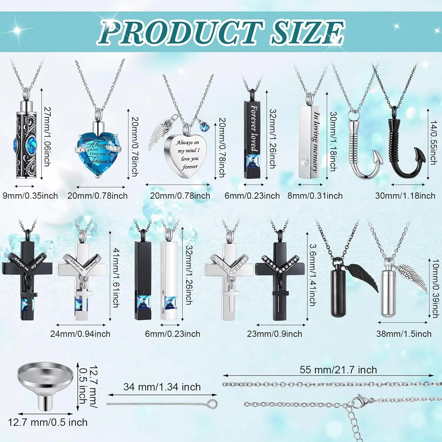 16 Pcs Urn Necklace for Ashes Waterproof Stainless Steel Carved Ashes Locket with 8 Filling Kit Heart Cylinder Cross Cubic Fish Hook Jewelry for Ashes with Wing Diamond for Men Women