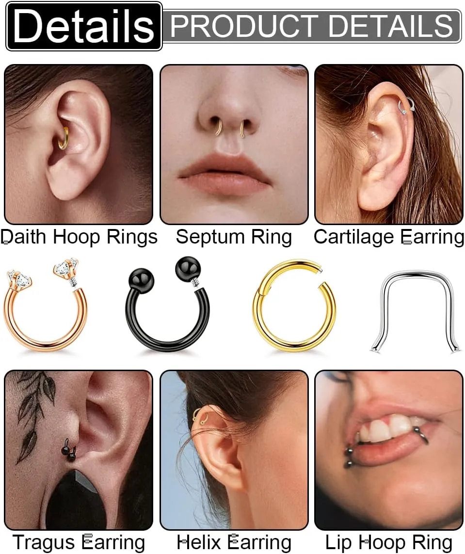 16G 4PCS G23 Titanium Septum Nose Rings for Men Women Horseshoe Septum Ring for Sensitive Skin Hinged Seamless Septum Hoop Cartilage Helix Daith Tragus Piercing Jewelry 8MM 10MM