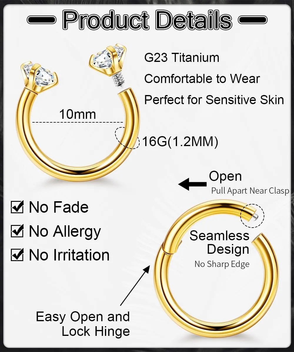 16G 4PCS G23 Titanium Septum Nose Rings for Men Women Horseshoe Septum Ring for Sensitive Skin Hinged Seamless Septum Hoop Cartilage Helix Daith Tragus Piercing Jewelry 8MM 10MM