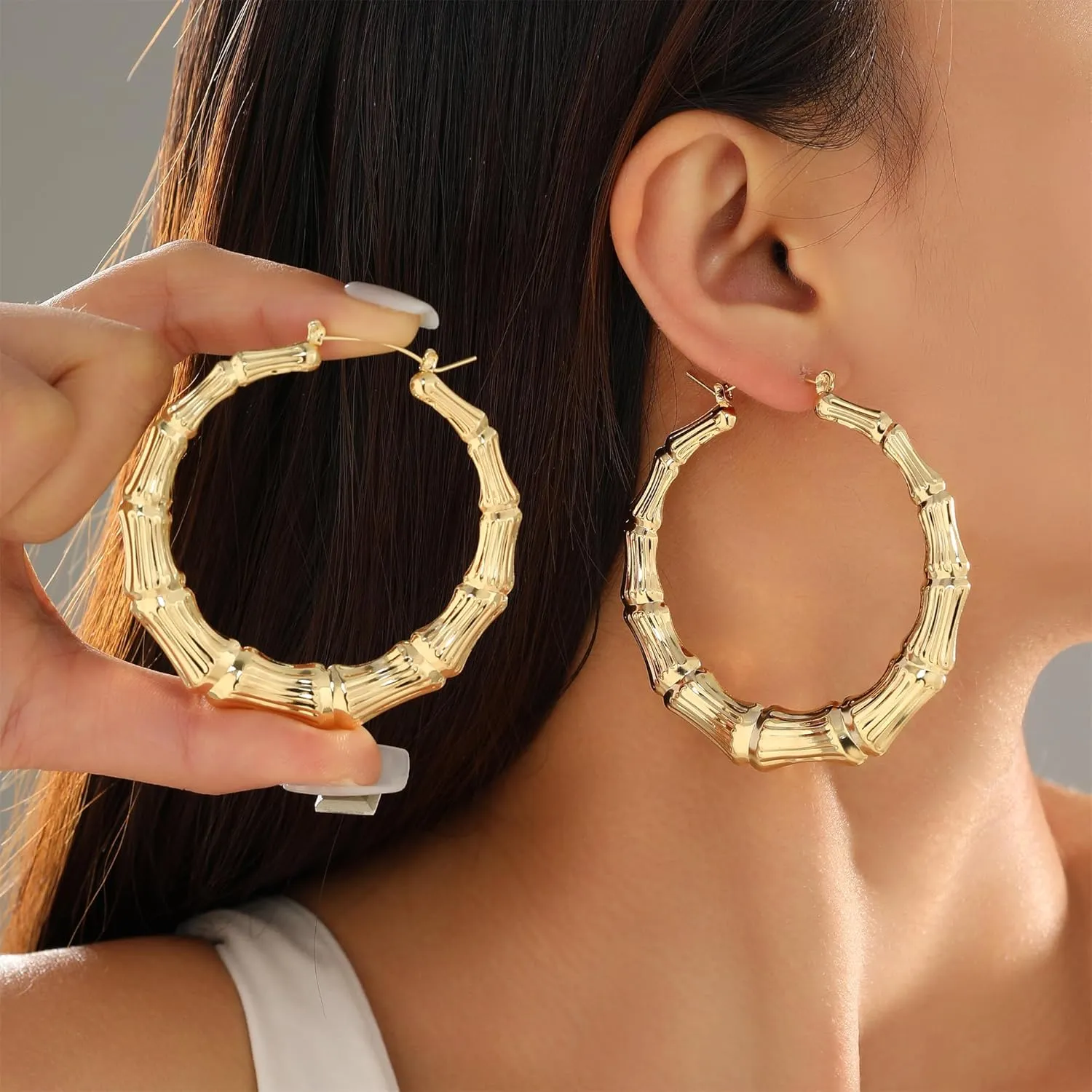 18K Gold Plated Bamboo Hoop Earrings for Women  Large Round Heart Design, 80/90s Ghetto Door Knocker Style, Trendy Hip Hop Jewelry Accessories