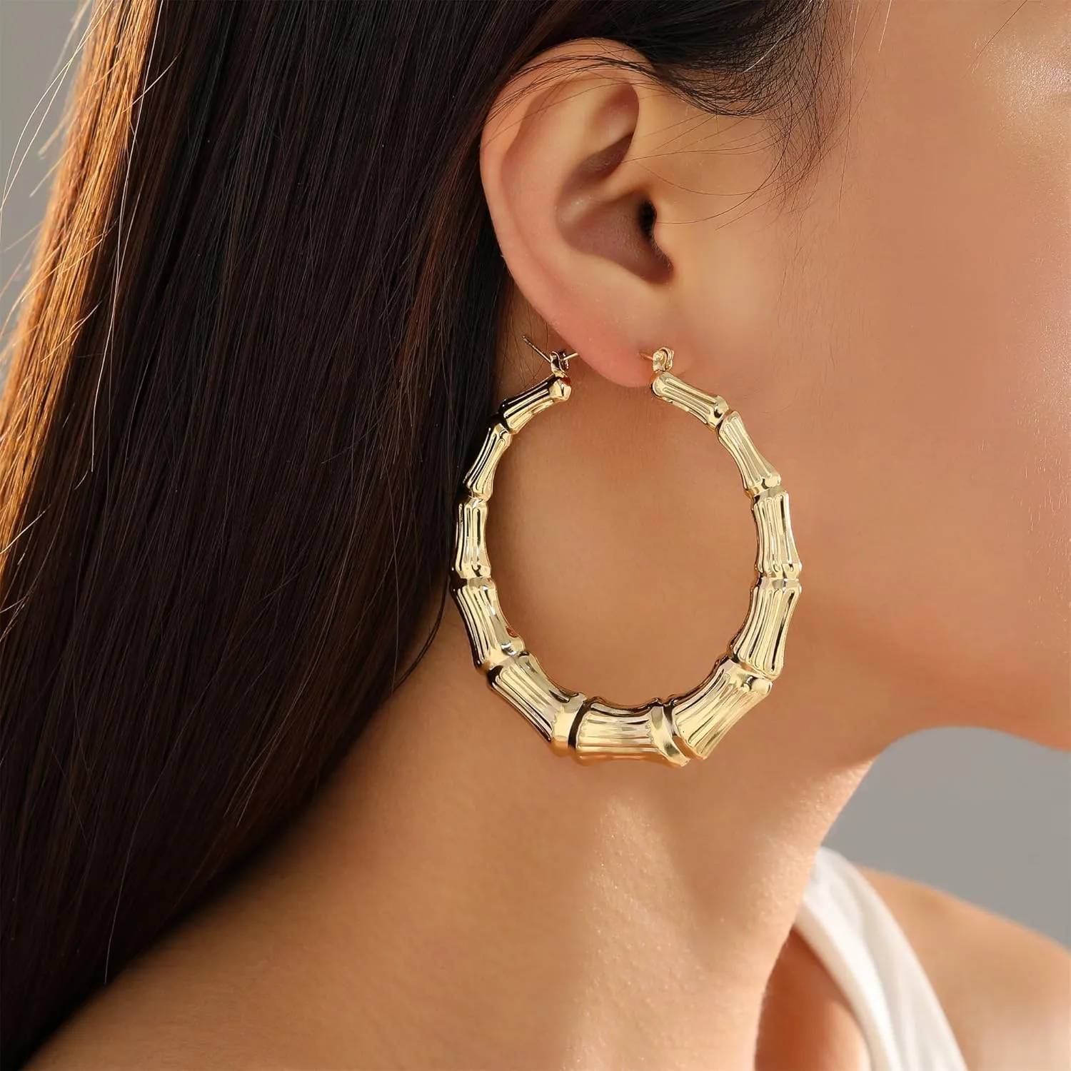 18K Gold Plated Bamboo Hoop Earrings for Women  Large Round Heart Design, 80/90s Ghetto Door Knocker Style, Trendy Hip Hop Jewelry Accessories