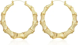 18K Gold Plated Bamboo Hoop Earrings for Women  Large Round Heart Design, 80/90s Ghetto Door Knocker Style, Trendy Hip Hop Jewelry Accessories