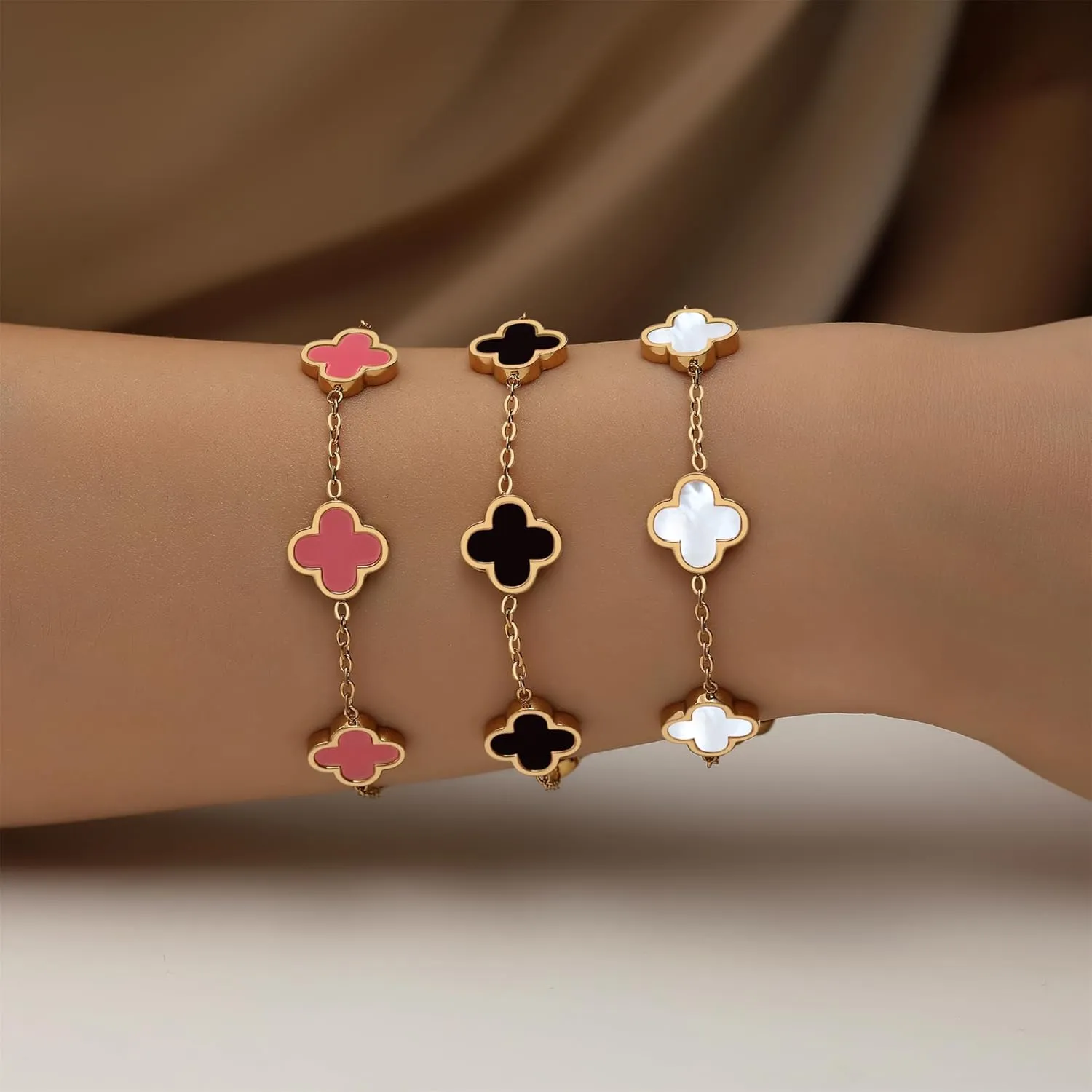18K Gold Plated Clover Bracelet Set for Women White/Black/Gold/Silver/Green/Pink Adjustable Link Double-Sided Lucky Bracelets Trendy Bracelets Set Jewelry Gifts for Women Men