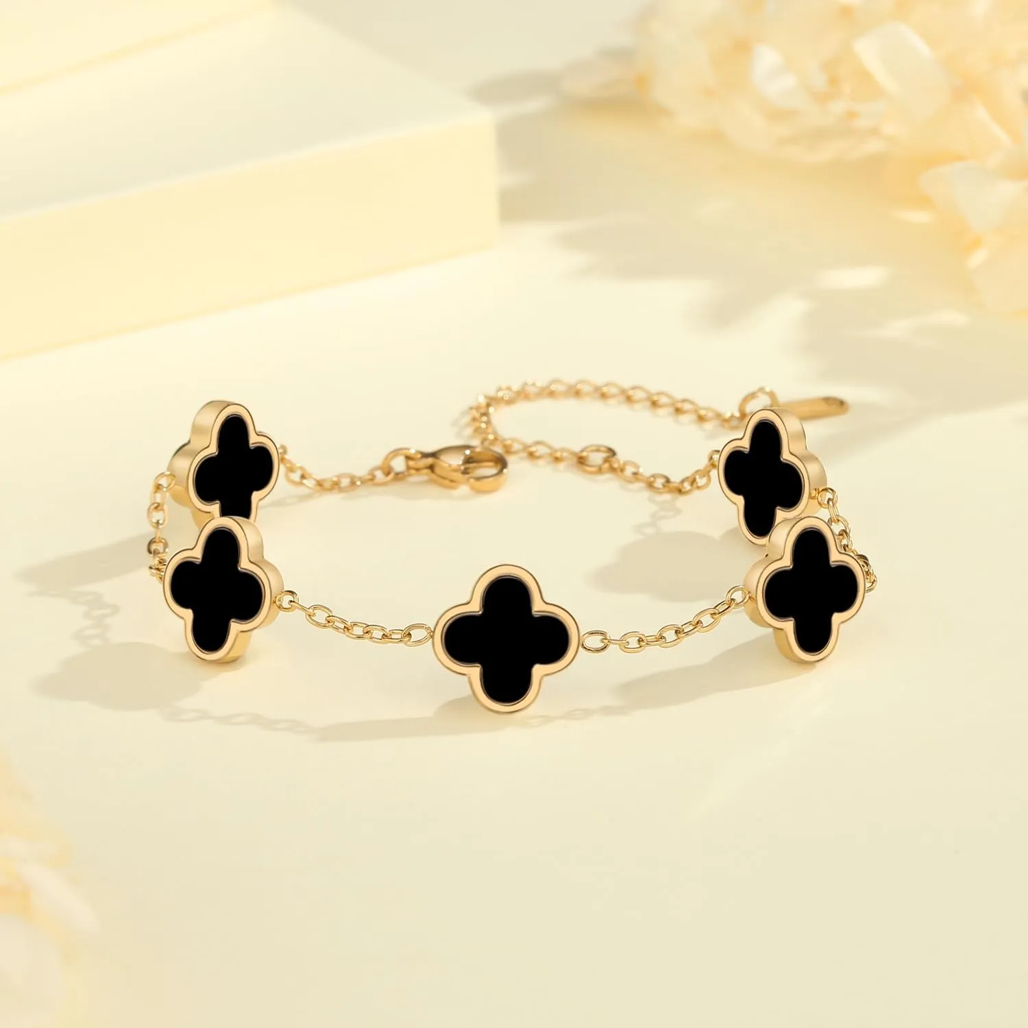 18K Gold Plated Clover Bracelet Set for Women White/Black/Gold/Silver/Green/Pink Adjustable Link Double-Sided Lucky Bracelets Trendy Bracelets Set Jewelry Gifts for Women Men