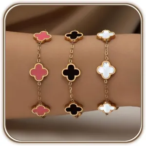 18K Gold Plated Clover Bracelet Set for Women White/Black/Gold/Silver/Green/Pink Adjustable Link Double-Sided Lucky Bracelets Trendy Bracelets Set Jewelry Gifts for Women Men