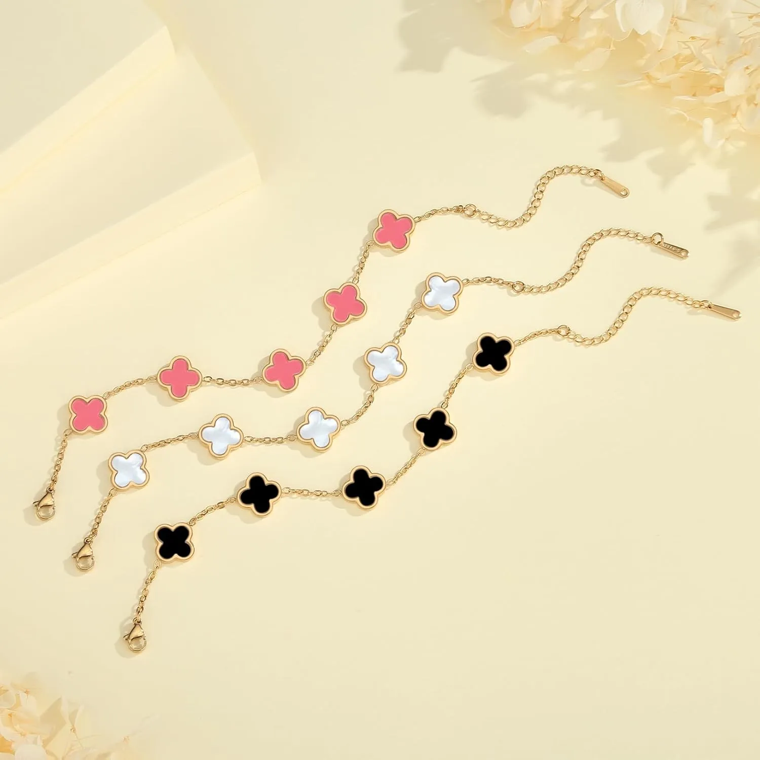 18K Gold Plated Clover Bracelet Set for Women White/Black/Gold/Silver/Green/Pink Adjustable Link Double-Sided Lucky Bracelets Trendy Bracelets Set Jewelry Gifts for Women Men