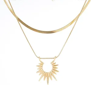 18K Gold Sun Pendant Layered Necklace Set for Women Men,Glossy Herringbone Chain Stacking Necklaces,Trendy Valentine's Day Anniversary Jewelry Gifts