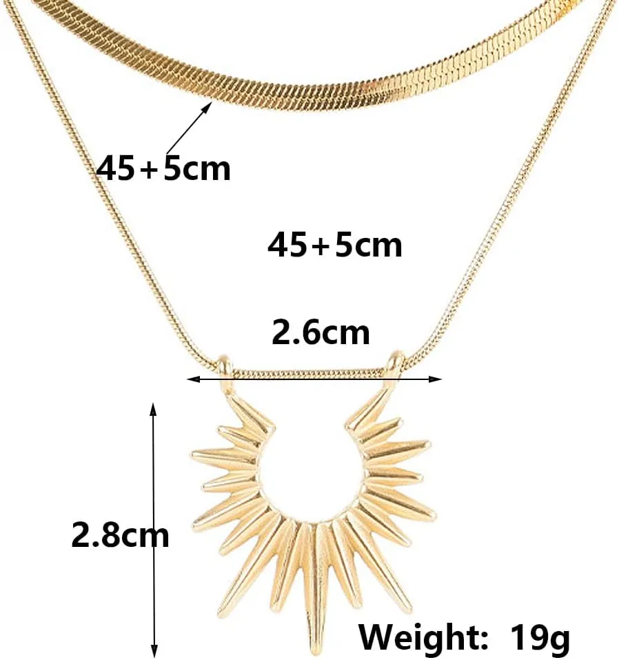 18K Gold Sun Pendant Layered Necklace Set for Women Men,Glossy Herringbone Chain Stacking Necklaces,Trendy Valentine's Day Anniversary Jewelry Gifts
