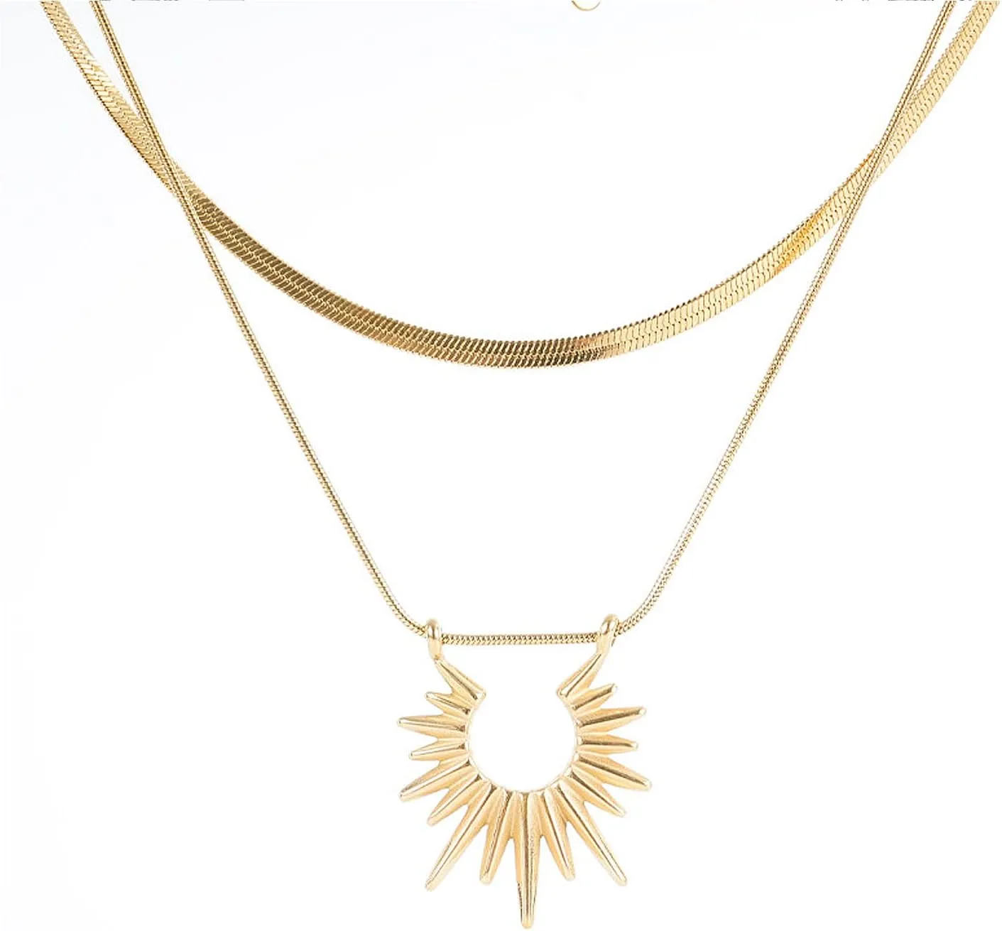 18K Gold Sun Pendant Layered Necklace Set for Women Men,Glossy Herringbone Chain Stacking Necklaces,Trendy Valentine's Day Anniversary Jewelry Gifts