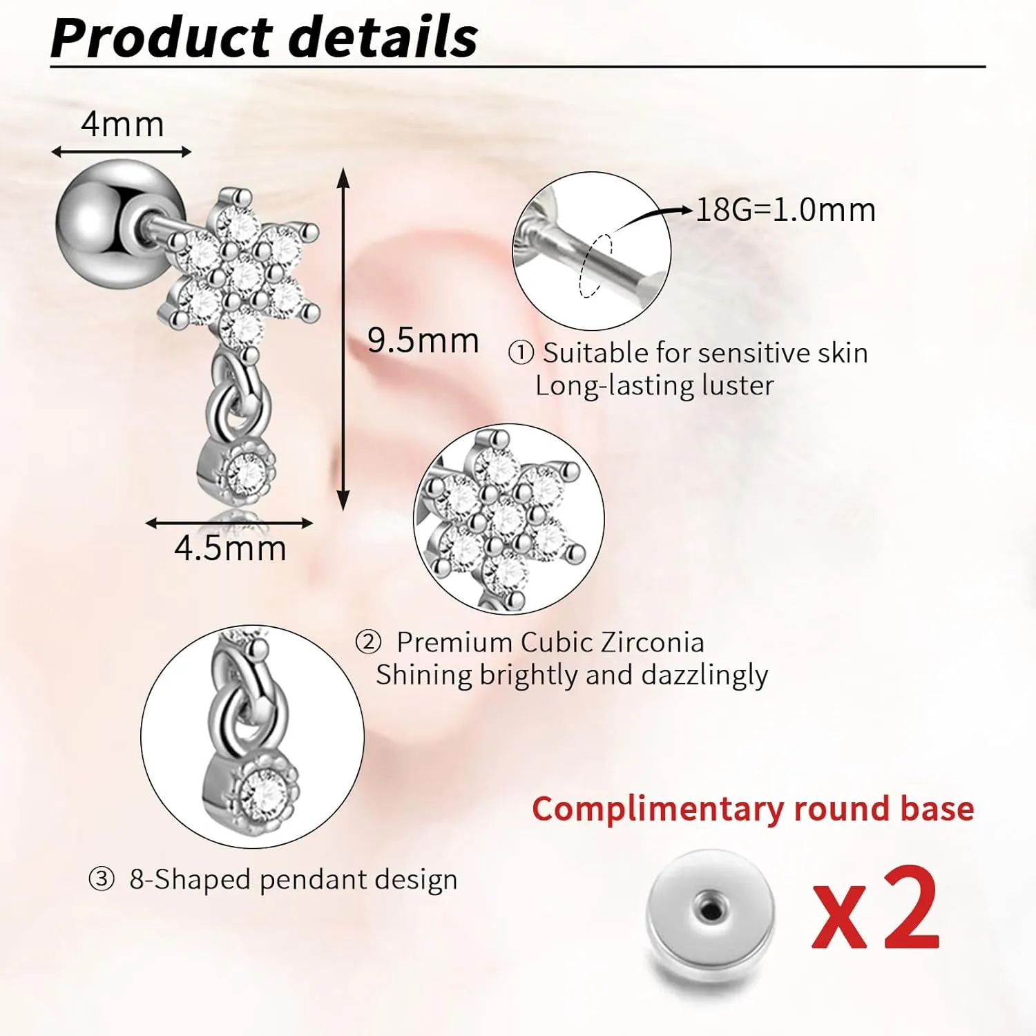 1Pair 14k Gold Flat Back Stud Earrings for Women 316L Surgical Stainless Steel Hypoallergenic Stud Earrings Cubic Zirconia Lobe Earrings Piercing Jewellery