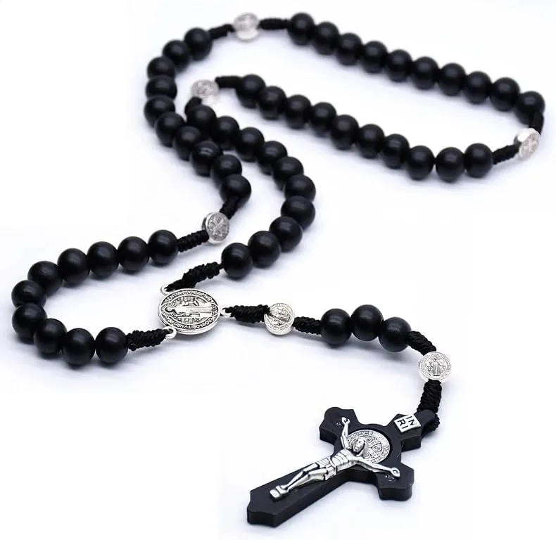 1pc Religious Wooden Antique Black Cross Rosary Pendant Necklaces Jesus Saint Benedict Beaded Necklace for Men Women Jewelry