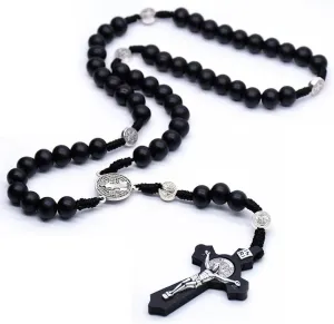 1pc Religious Wooden Antique Black Cross Rosary Pendant Necklaces Jesus Saint Benedict Beaded Necklace for Men Women Jewelry
