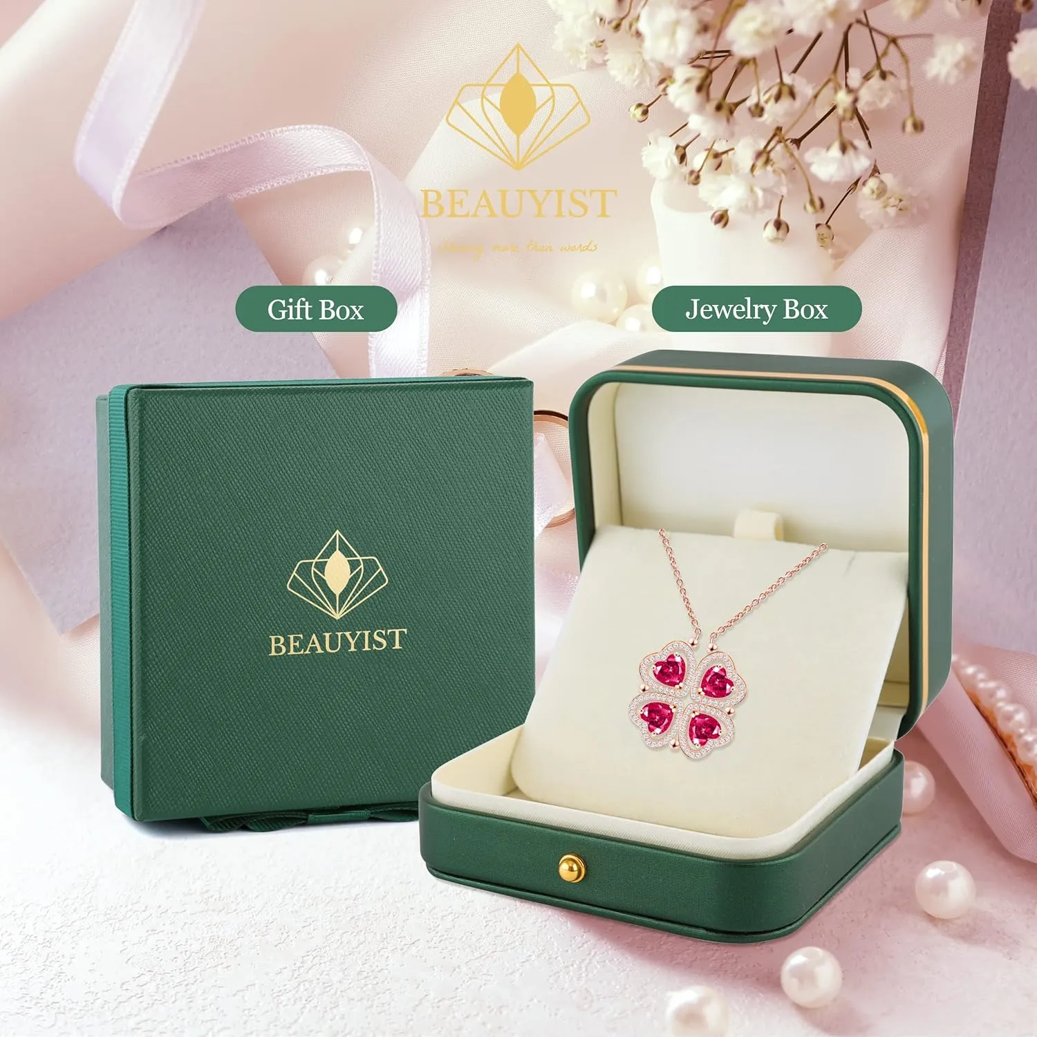 2 IN 1 Lucky Four Leaf Clover Necklaces for Women, Shamrock CZ Birthstone folding Heart Necklace, Extendable & Foldable Jewelry Gifts
