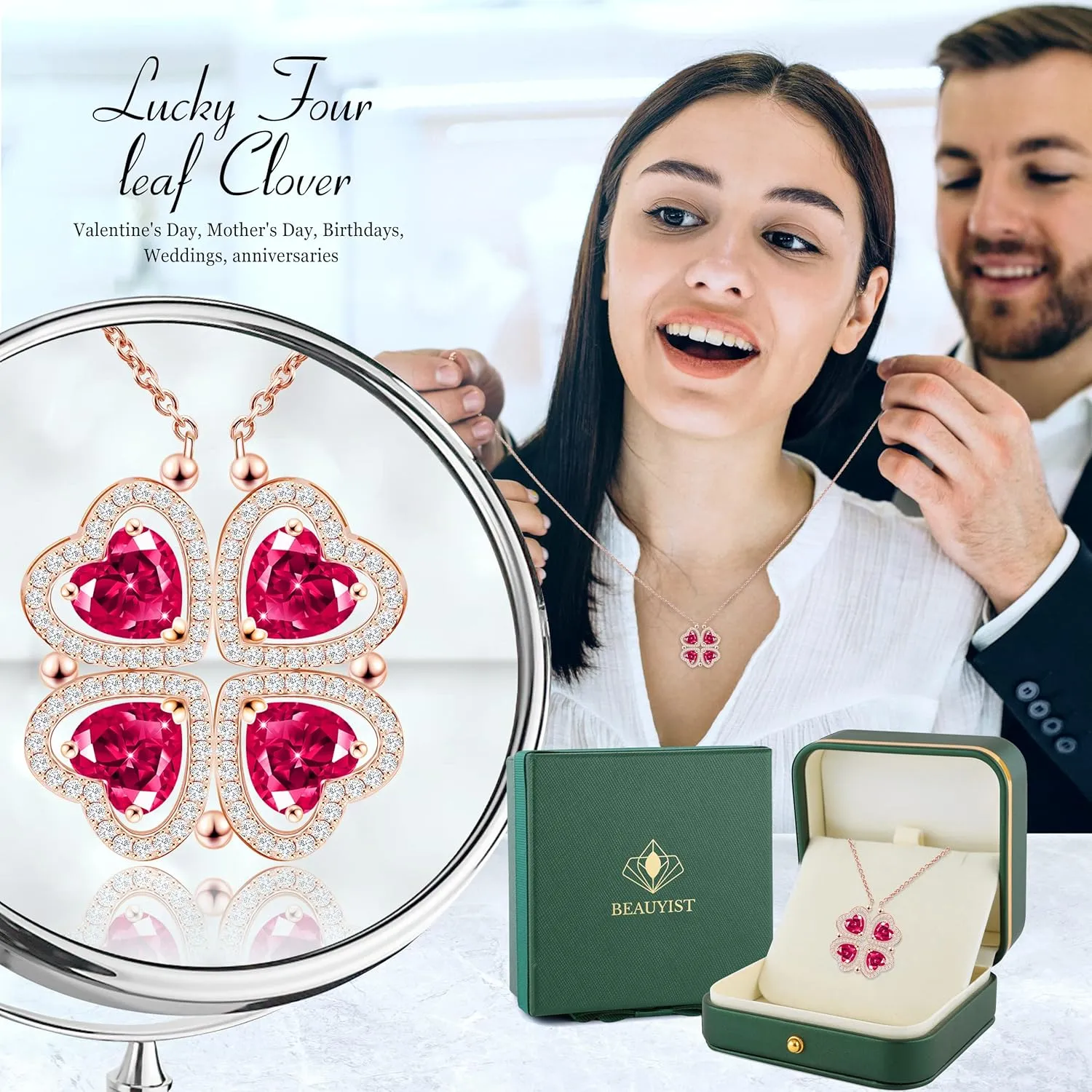 2 IN 1 Lucky Four Leaf Clover Necklaces for Women, Shamrock CZ Birthstone folding Heart Necklace, Extendable & Foldable Jewelry Gifts