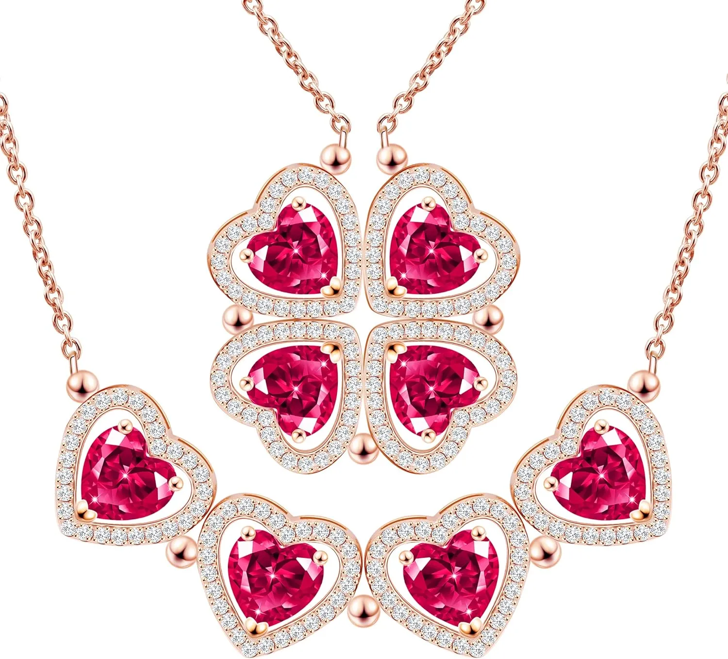 2 IN 1 Lucky Four Leaf Clover Necklaces for Women, Shamrock CZ Birthstone folding Heart Necklace, Extendable & Foldable Jewelry Gifts