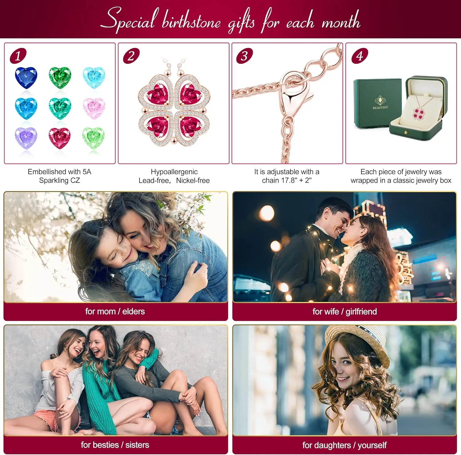 2 IN 1 Lucky Four Leaf Clover Necklaces for Women, Shamrock CZ Birthstone folding Heart Necklace, Extendable & Foldable Jewelry Gifts