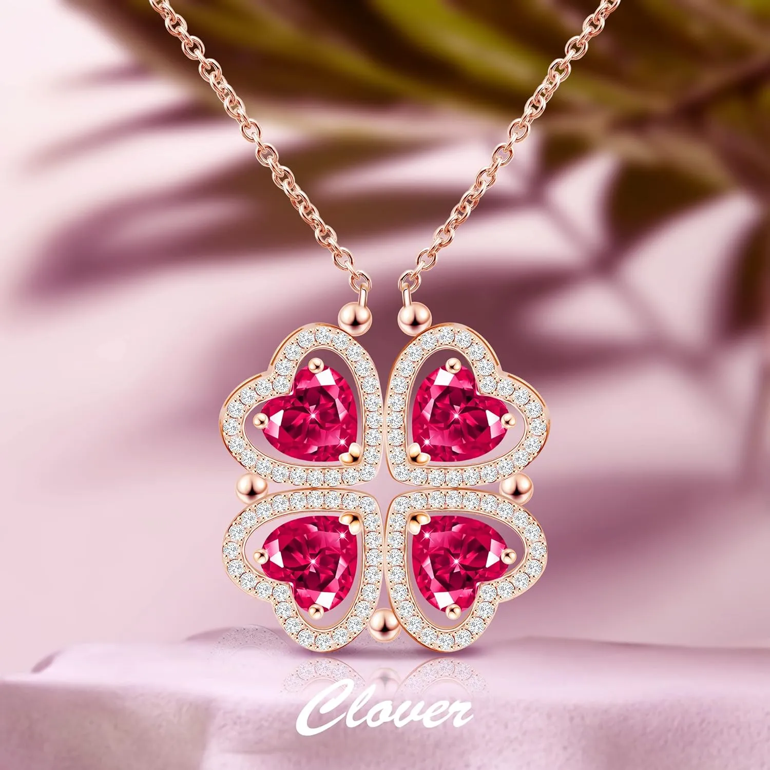 2 IN 1 Lucky Four Leaf Clover Necklaces for Women, Shamrock CZ Birthstone folding Heart Necklace, Extendable & Foldable Jewelry Gifts