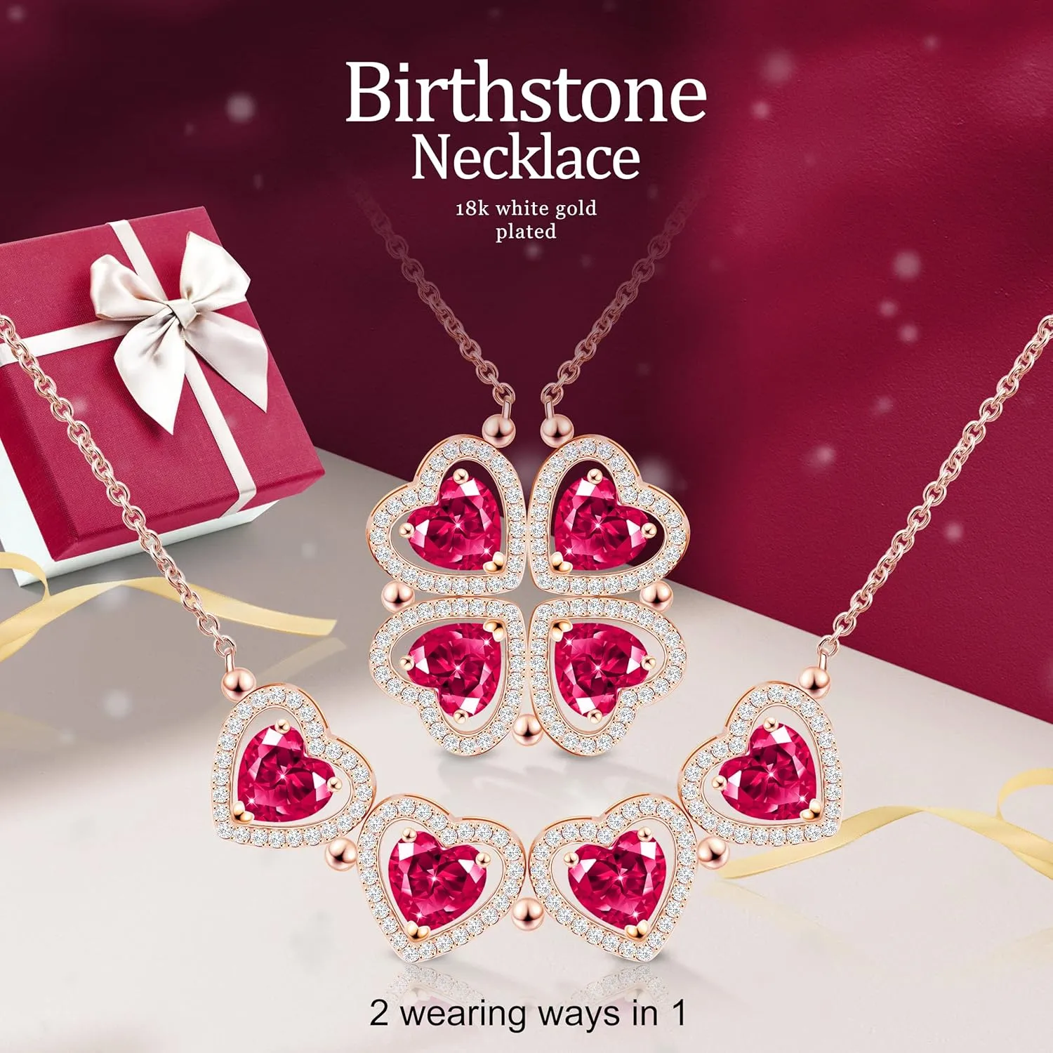 2 IN 1 Lucky Four Leaf Clover Necklaces for Women, Shamrock CZ Birthstone folding Heart Necklace, Extendable & Foldable Jewelry Gifts
