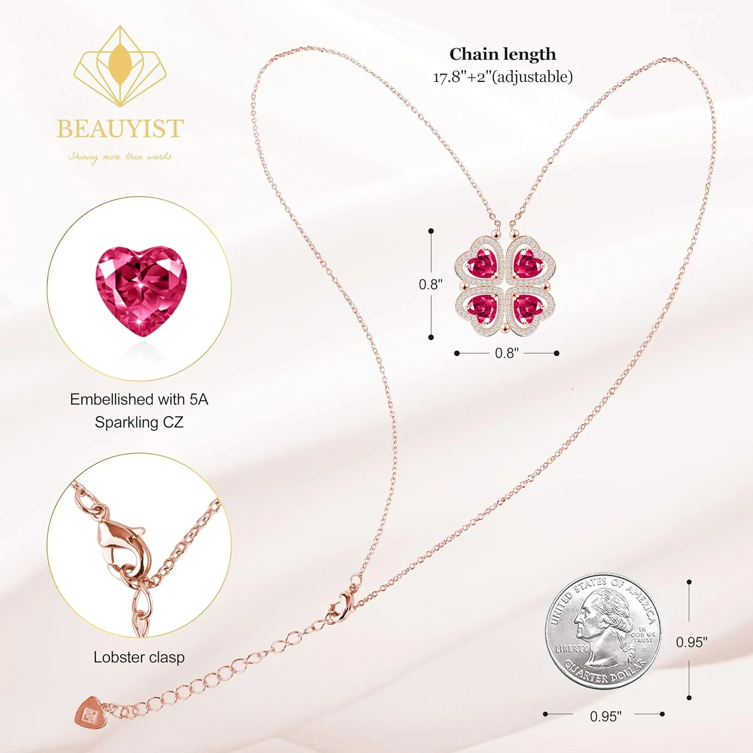 2 IN 1 Lucky Four Leaf Clover Necklaces for Women, Shamrock CZ Birthstone folding Heart Necklace, Extendable & Foldable Jewelry Gifts