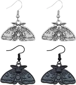 2 Pairs Gothic Moth Earrings Vintage Luna Moth Dangle Earrings Punk Rock Hip Hop Moth Drop Earrings for Women - Silver and Black