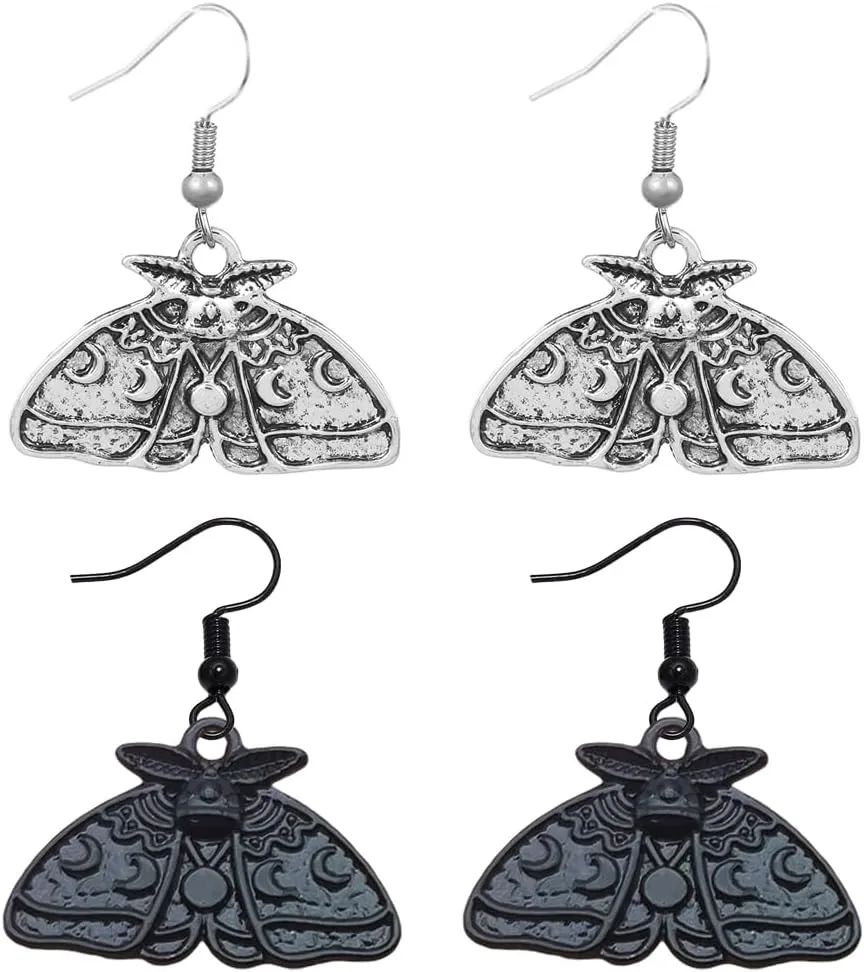 2 Pairs Gothic Moth Earrings Vintage Luna Moth Dangle Earrings Punk Rock Hip Hop Moth Drop Earrings for Women - Silver and Black